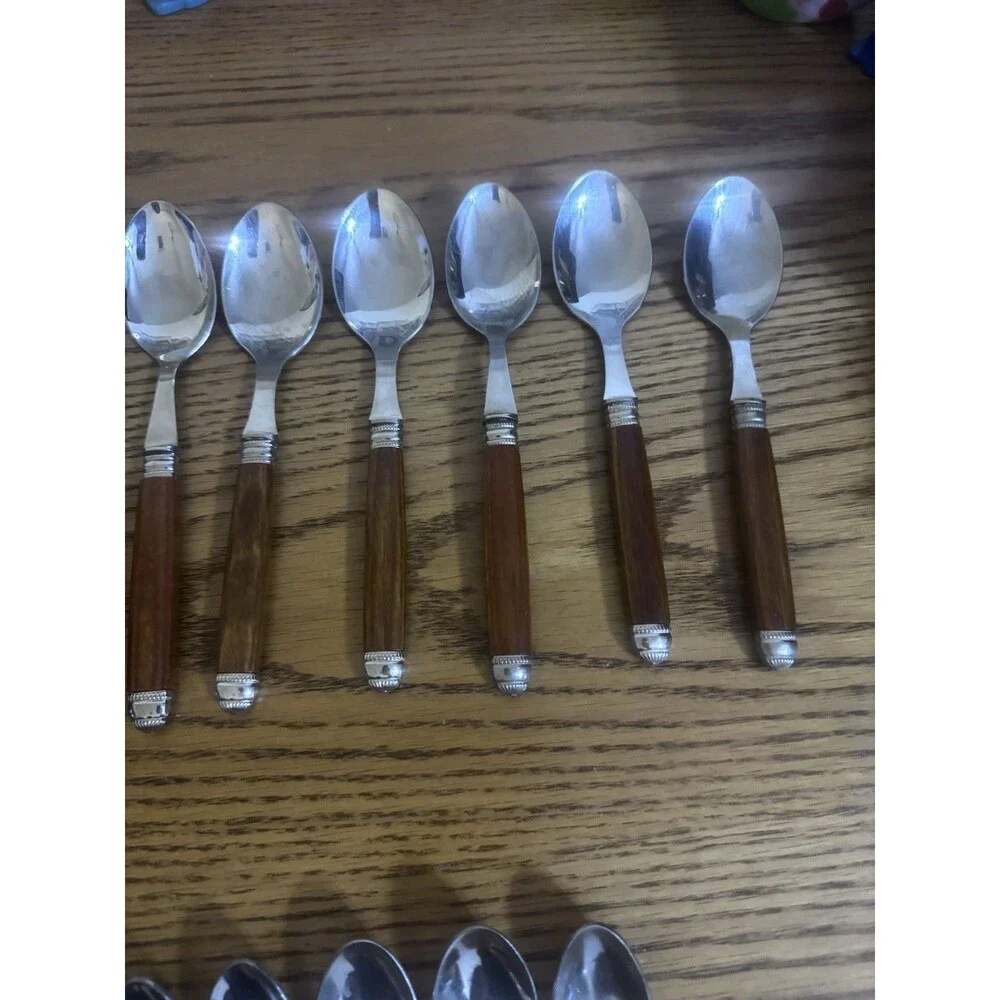 SCOF Mariposa France Recamier Teak Flatware Silverware Set 30 Pc Service For 6
